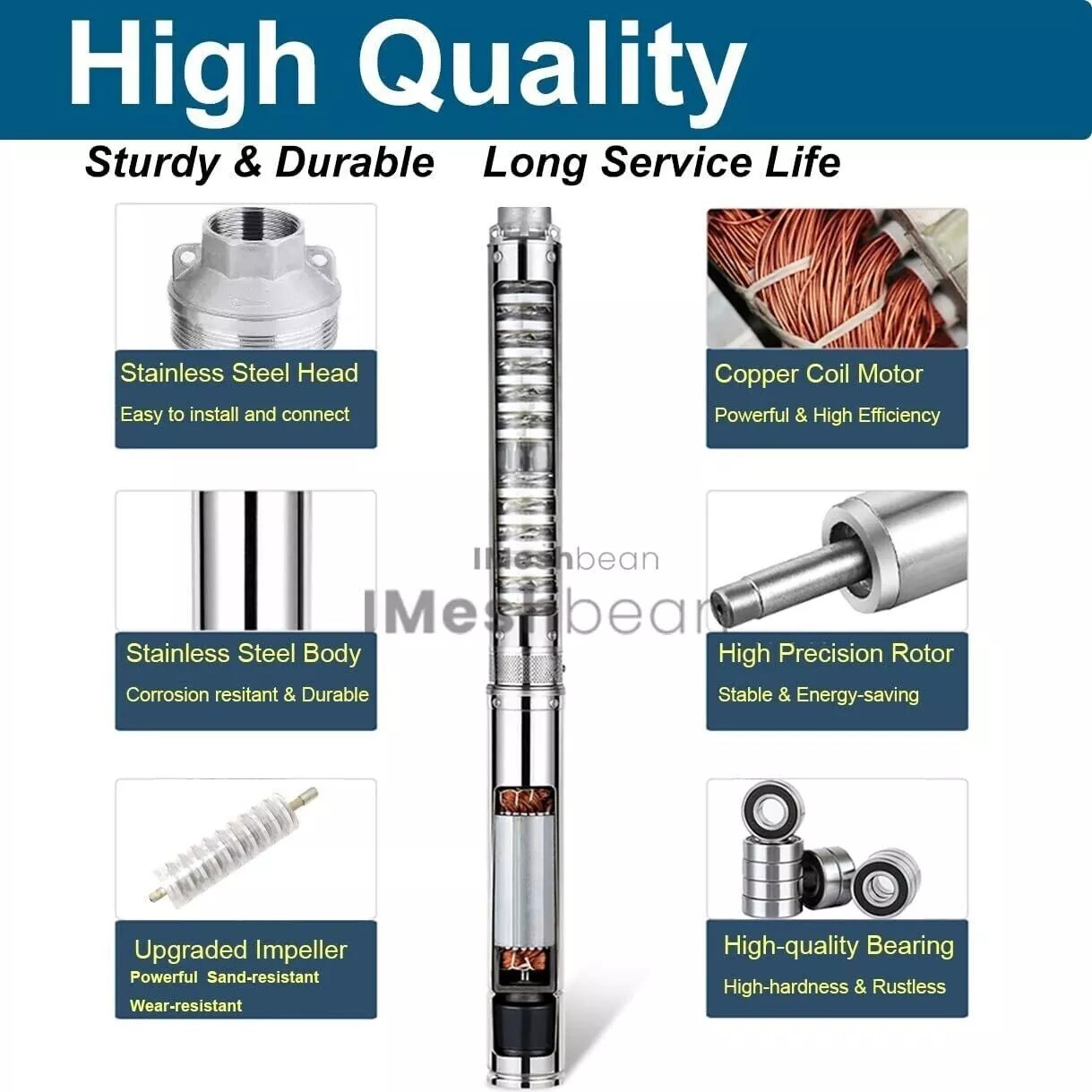 1HP 4" Deep Well Submersible Pump 220V 33GPM 257FT Max 50FT Cord Stainless Steel