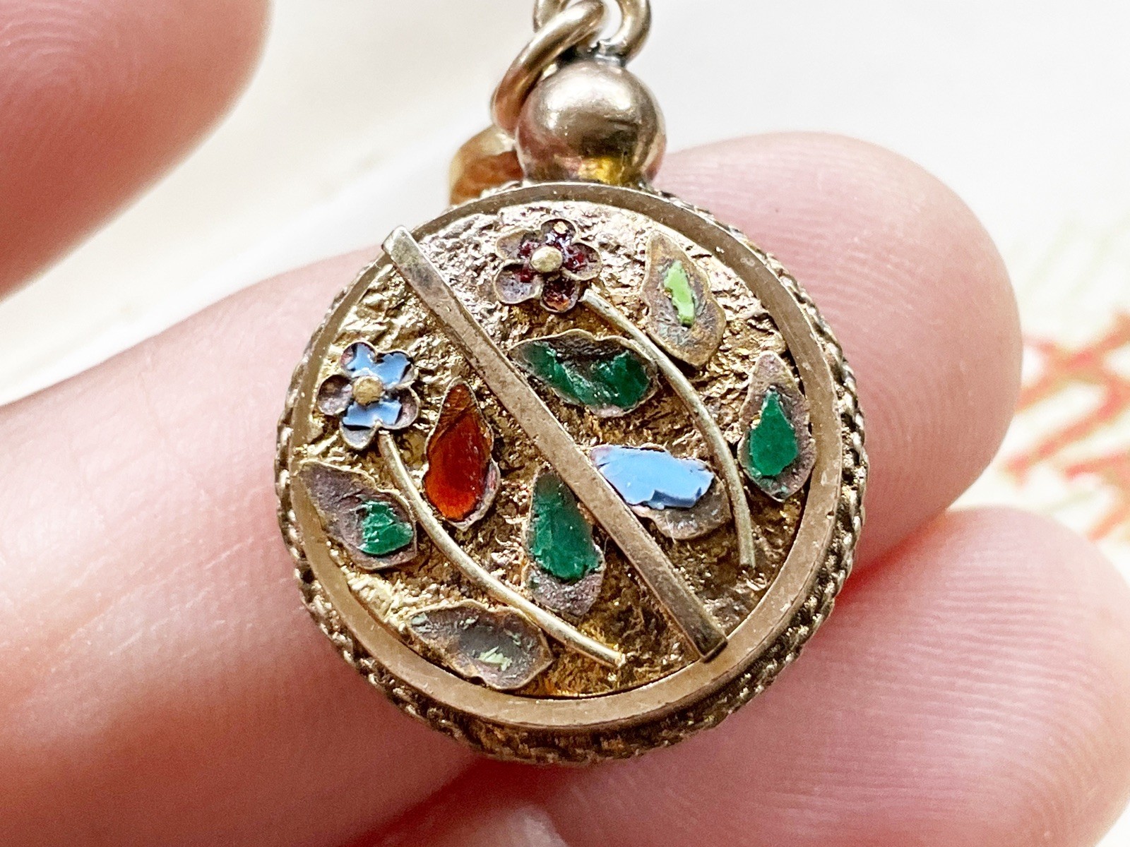 Antique Gold Filled Pocket Watch Chain Fob with Enamel Flowers & Etruscan Work