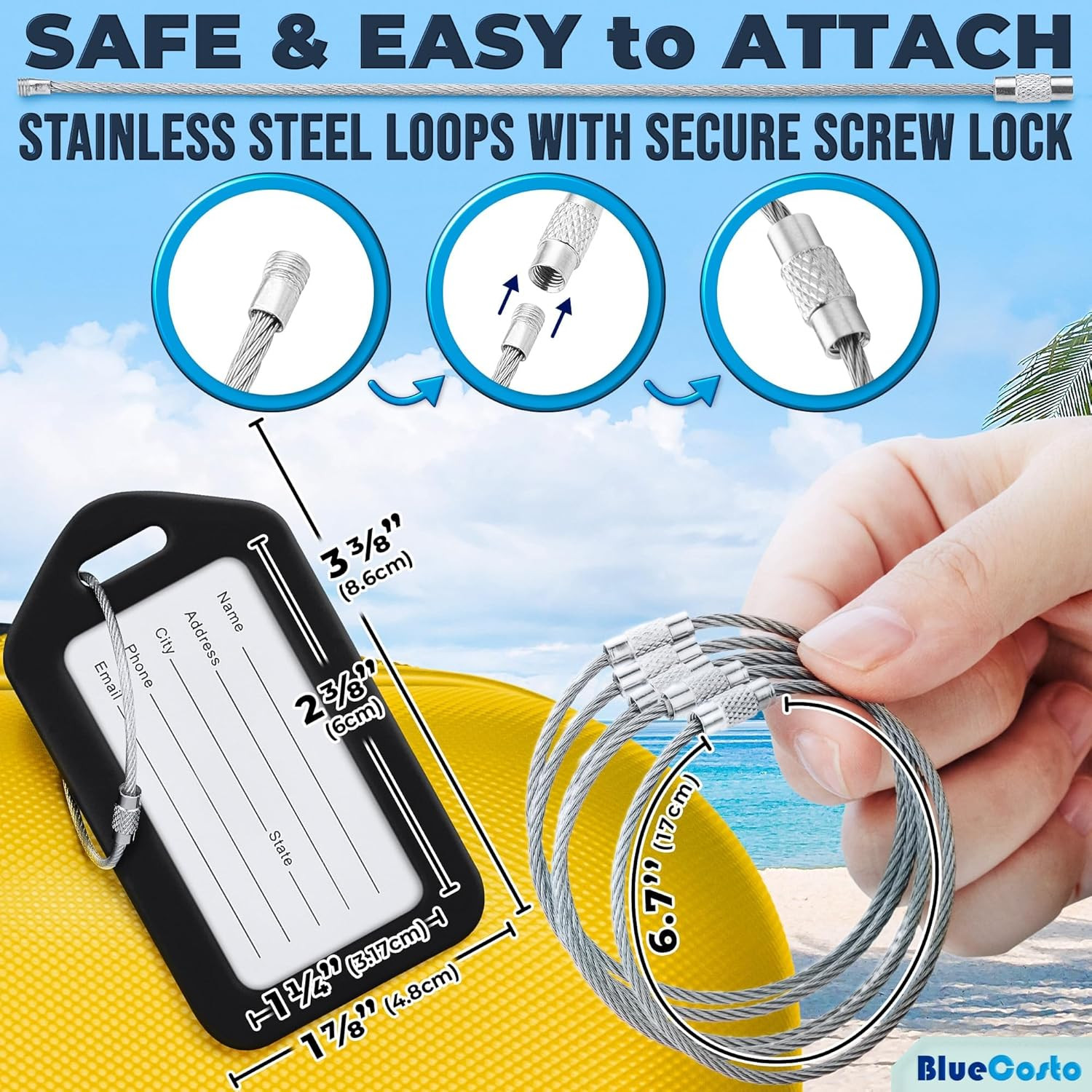 Luggage Tags (Small, Black, 10 PK) - Suitcase Tags W/Name ID Card & Heavy-Duty M