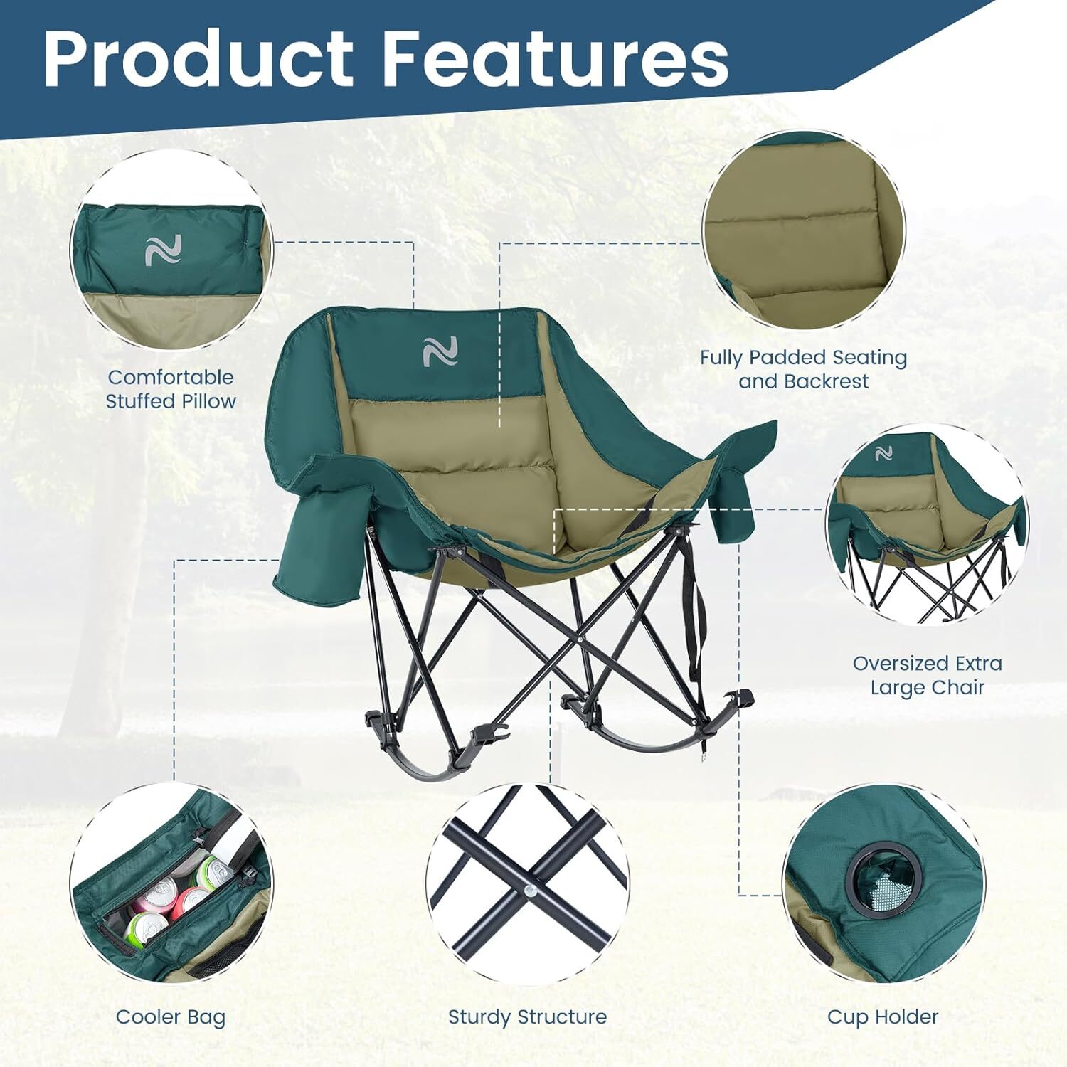 H&ZT Oversized Rocking Camping Chair Padded Folding Lawn Chair with Cooler Bag