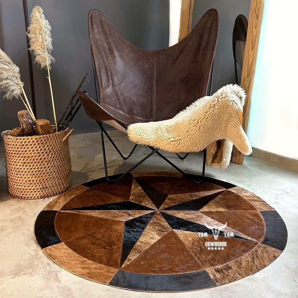 Cowhides Rug Leather Star Cow Hide Patchwork Area Round Carpet 40, Brown