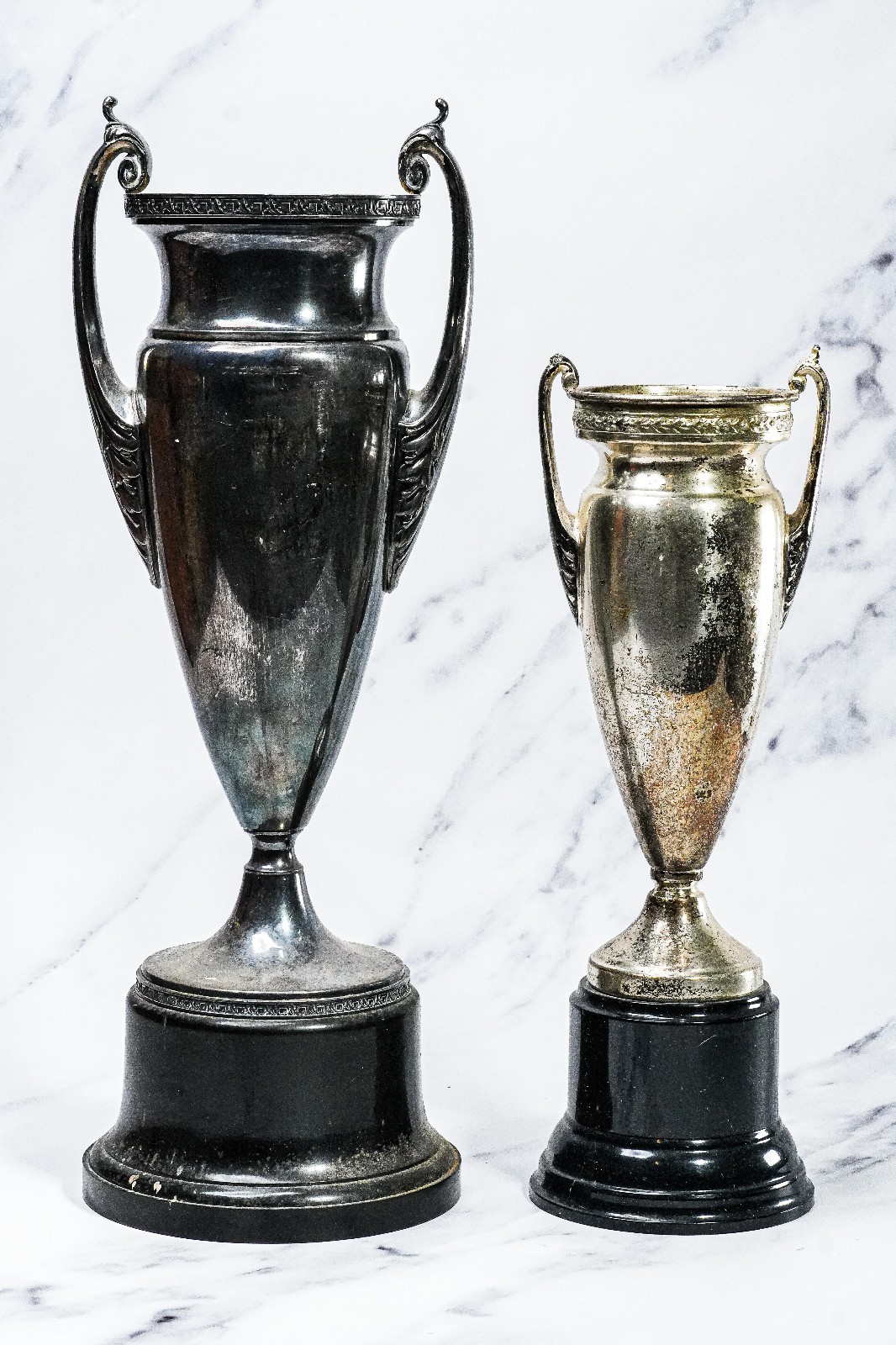 Classic Pair of Large Silverplate Antique Trophy Cup Trophies Home Decor Prop
