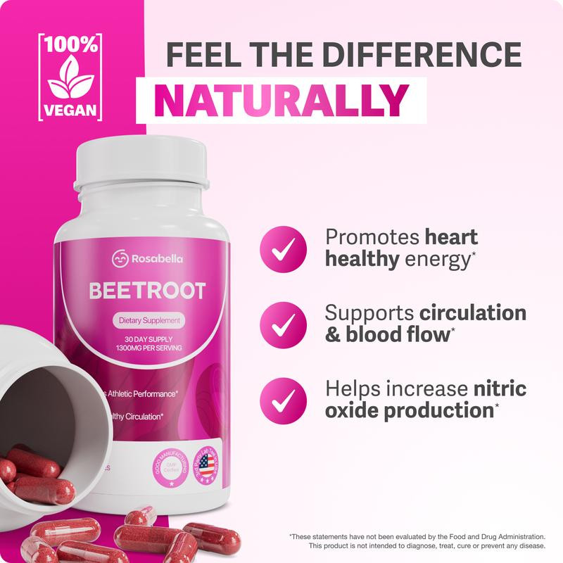 Rosabella Organic Beetroot Capsules (1300mg) for Blood Flow & Heart Health