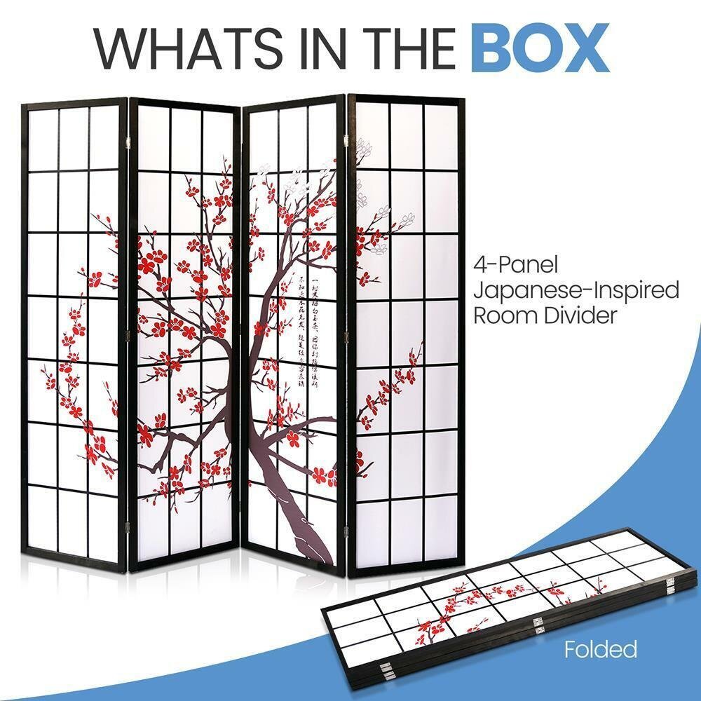 SereneLife Indoor Decorative 4Panel Screen Freestanding Japanese-Inspire Divider