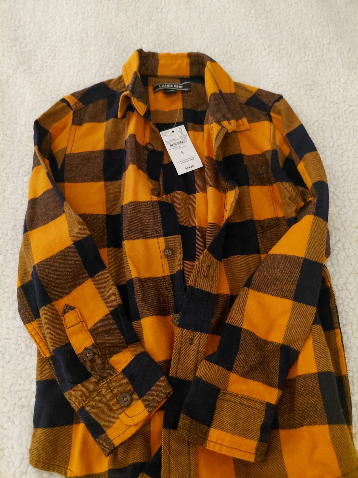 LANDS END Boys Blue/Orange Plaid Flannel Long Sleeve Shirt Size L-7/EUC
