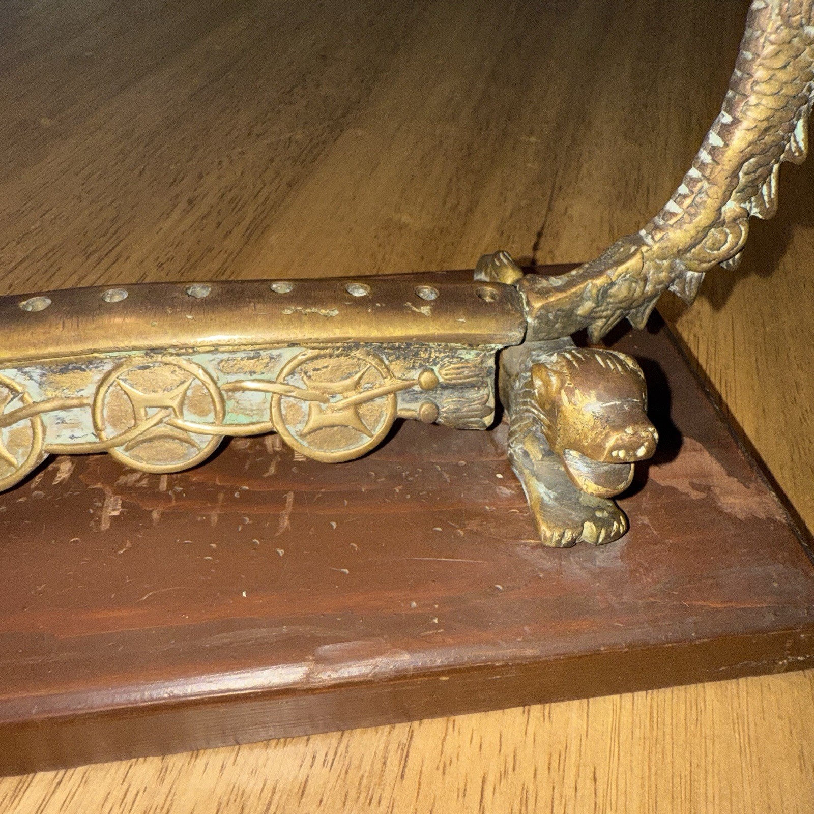 Vtg Chinese Metal Dragon Incense Burner Stand Wood Base Ornate Mythical Motif