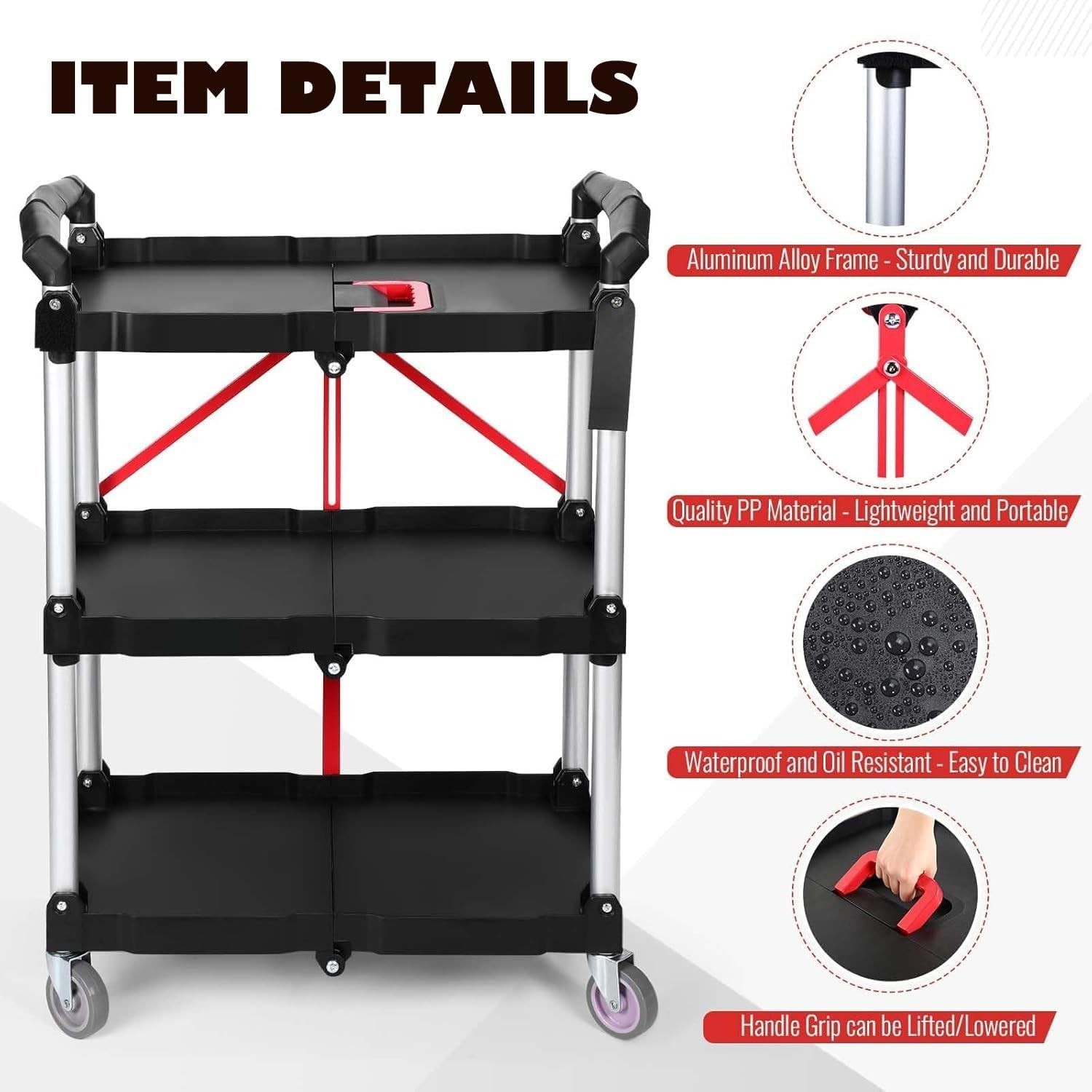Folding Service Cart Heavy Duty Foldable Utility Cart with 360° Swivel Wheels