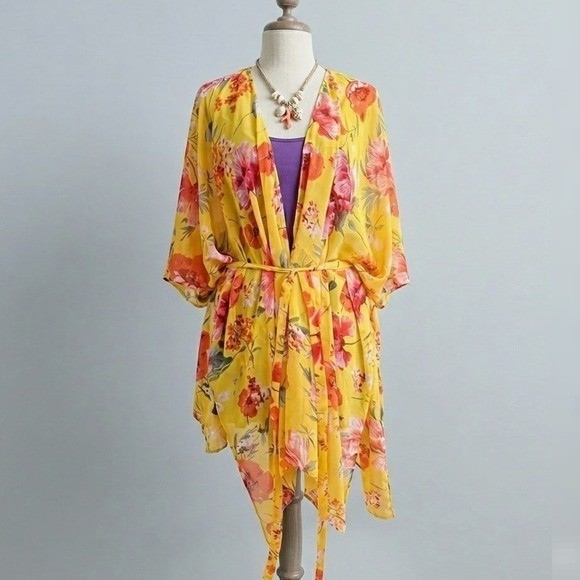Floral Chiffon Kimono Beach Cover-Up Loose Flowy Vacation XLARGE