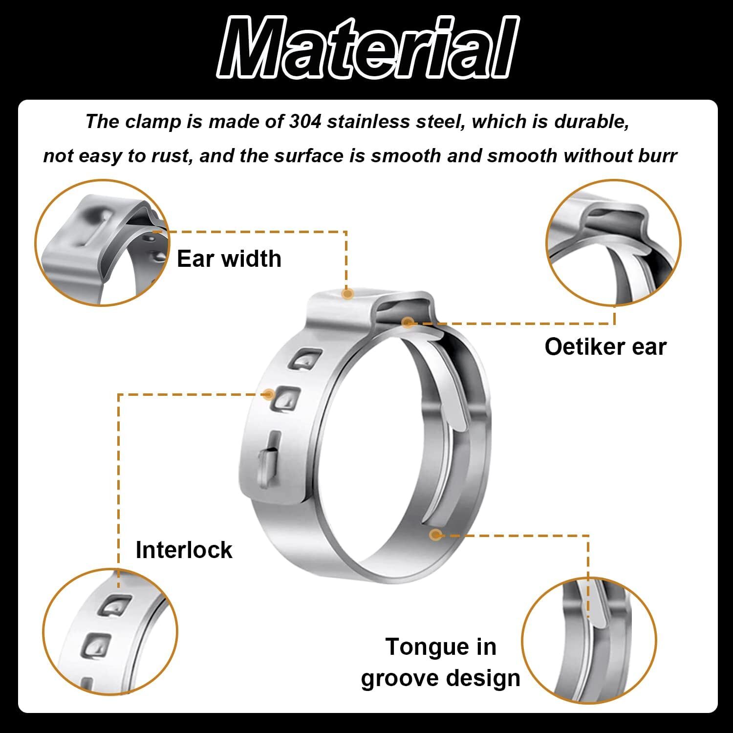 100pcs Hose Clamp Assorted Stainless Steel Ear Cinch Rings Crimp Pinch Set
