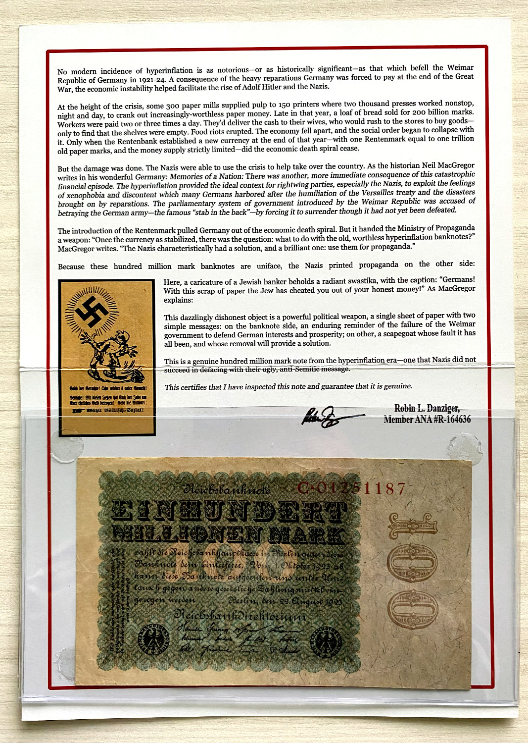 Germany  HUNDRED Million Mark Propaganda Banknotes 1927 Election COA & History