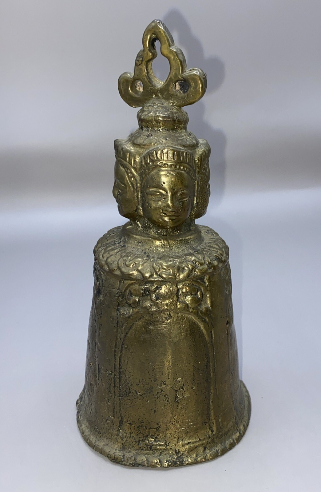 Antique BRONZE TEMPLE BELL Buddhist Tibetan Ritual Temple Bell W/ 4 Faces Handle