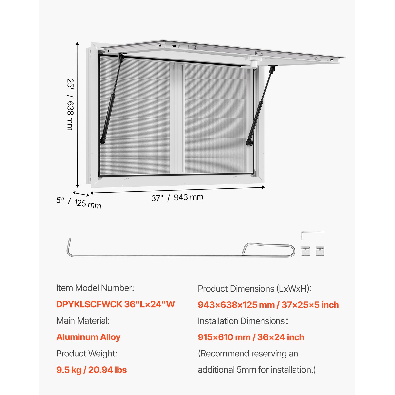 Uimoso 36x24in Aluminum Alloy Food Truck Service Window with Awning