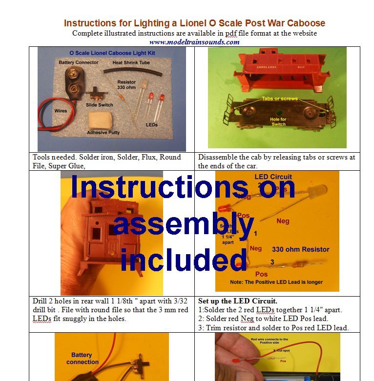 O Scale Lionel lighted Caboose LED Lighting KIT using On-board Battery & Switch