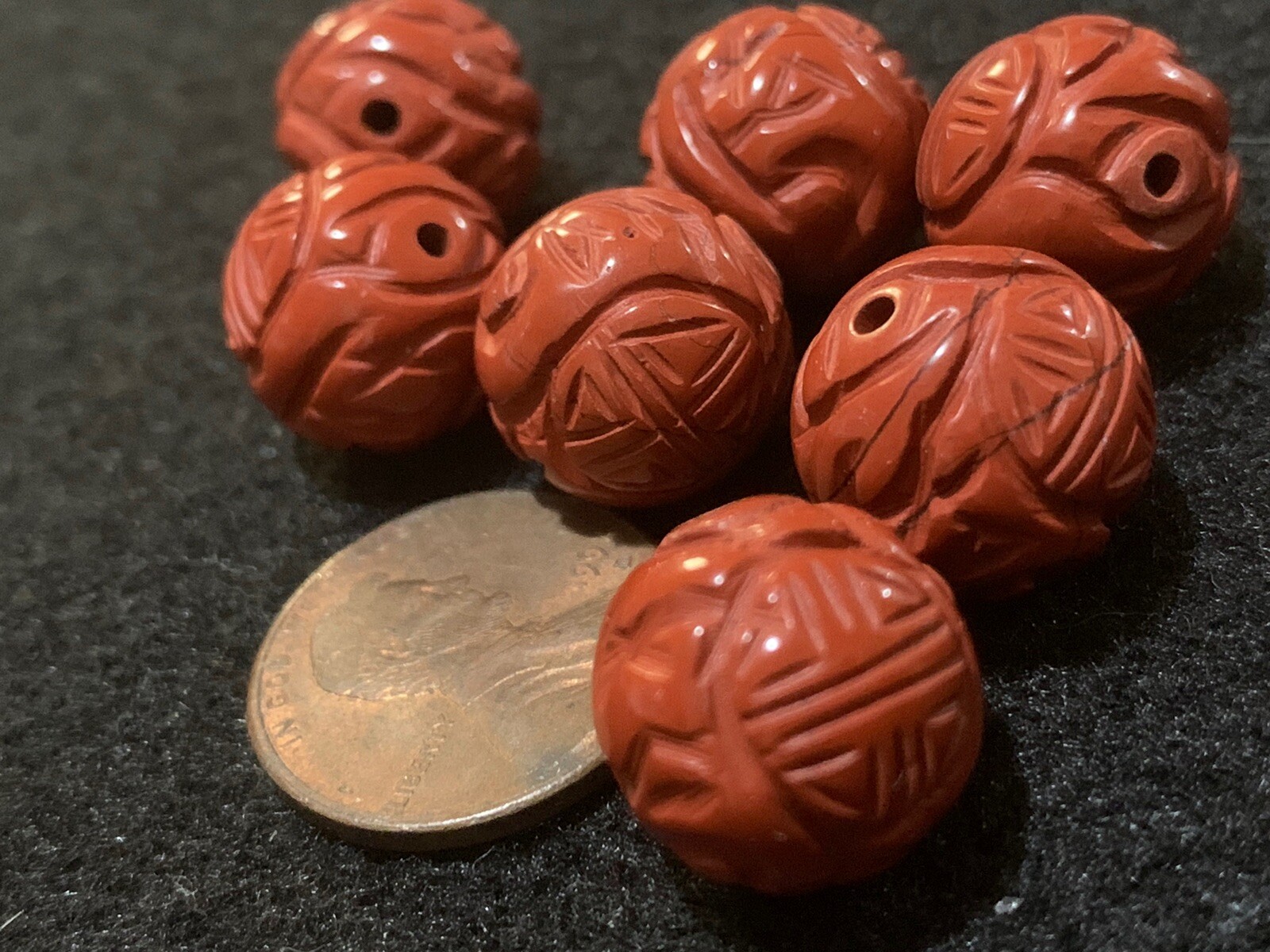 One Vintage Carved Chinese Bead Natural Red Jasper Double Shou Design 14mm Round