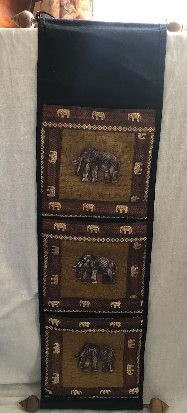 Tapestry Scroll Decoration Wall Hanging Elephants Pattern Pockets Brown Hues