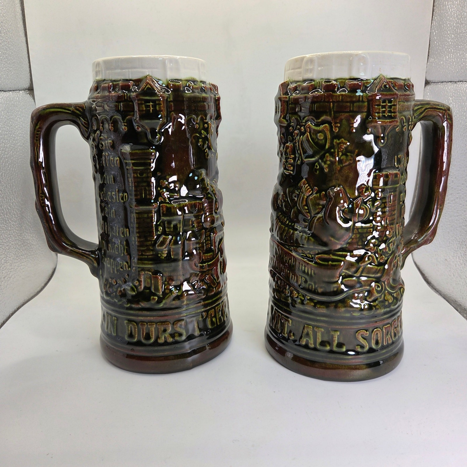 Vintage German Style Beer Steins Pair Signed “Sam :)” 8.5” Brown Glaze