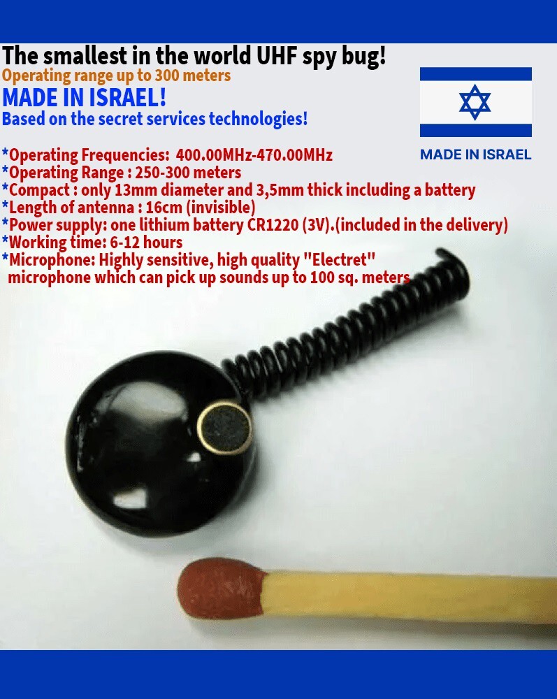 Mini Spy Audio Bug – 300m Wireless UHF Transmitter, Hidden Mic, Made in Israel