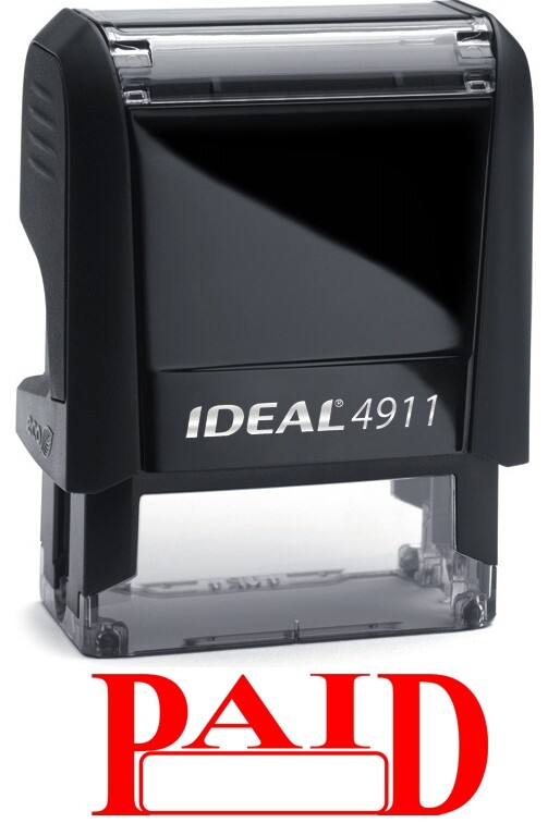 PAID stamp text with Date Box on IDEAL 4911 Self-inking Rubber Stamp, RED INK