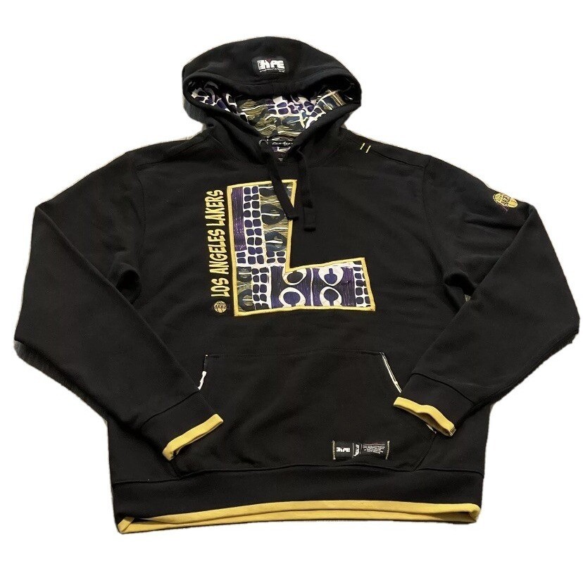 LA Lakers Hoodie Mens L Gold Purple Kente Style Pullover Sweatshirt NBA Fan Gear