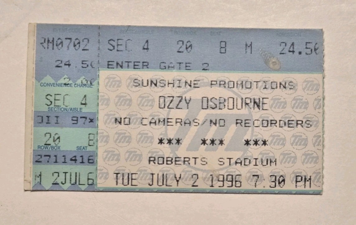 Original Vintage Ticket Stub Ozzy Osbourne July 2, 1996 Roberts Stadium