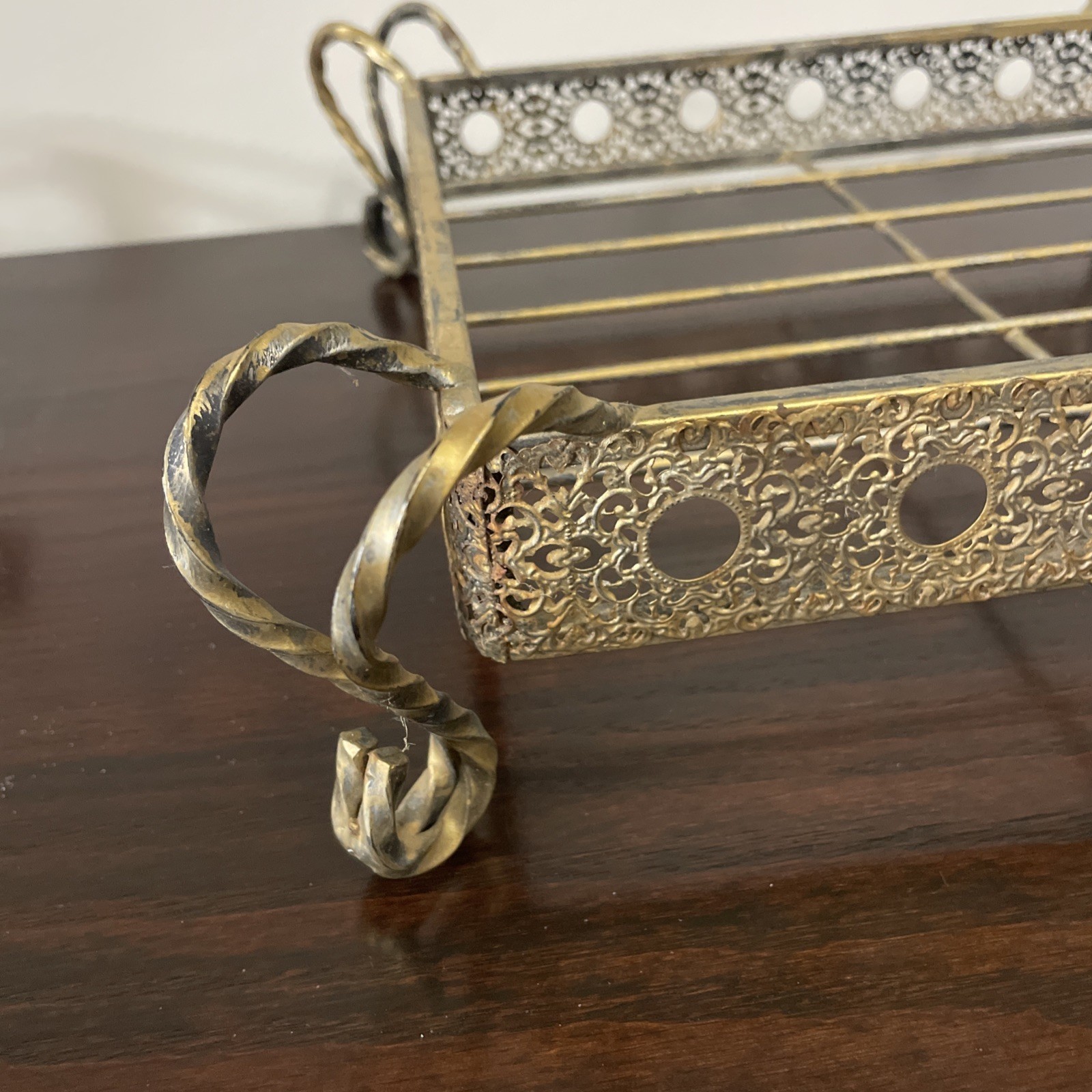 Antique Metal Pierced Filigree Plant Stand Twisted Feet Victorian Tray