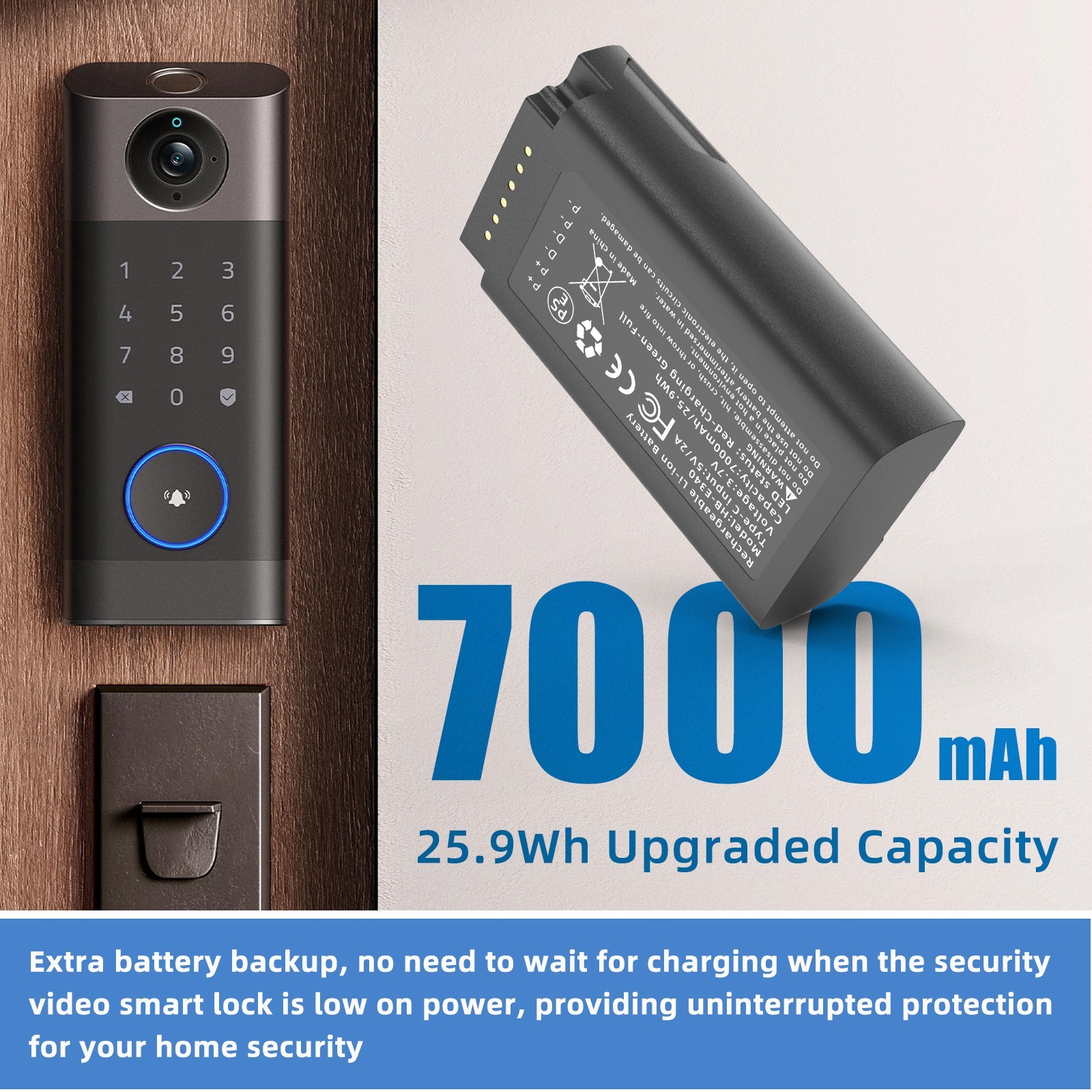 2pcs E340 Rechargeable Battery Backup 7000mAh with USB-C for eufy Video Doorbell