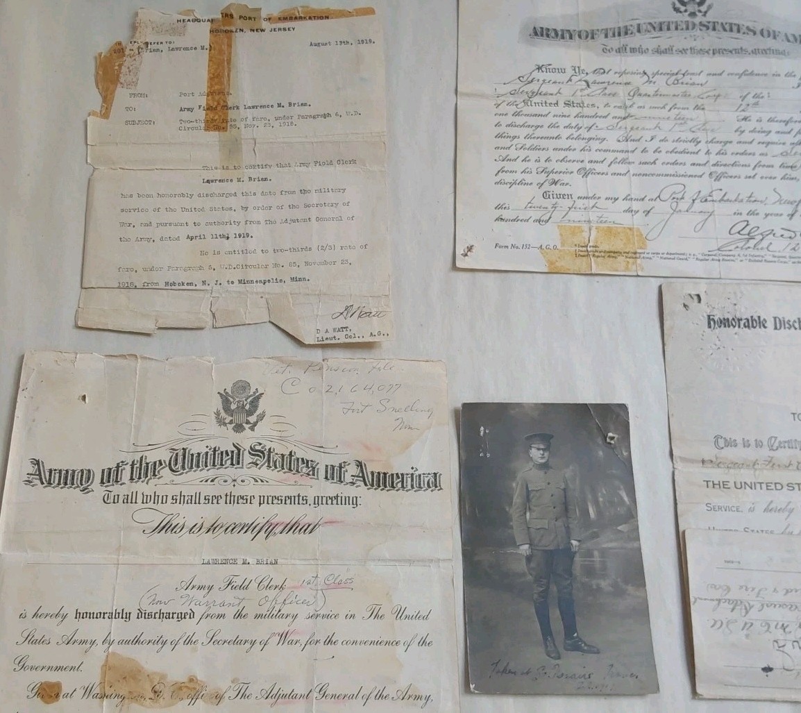 Vtg WW I United States Army Military Honorable Discharge Paper + Photo 1919-5 Pc