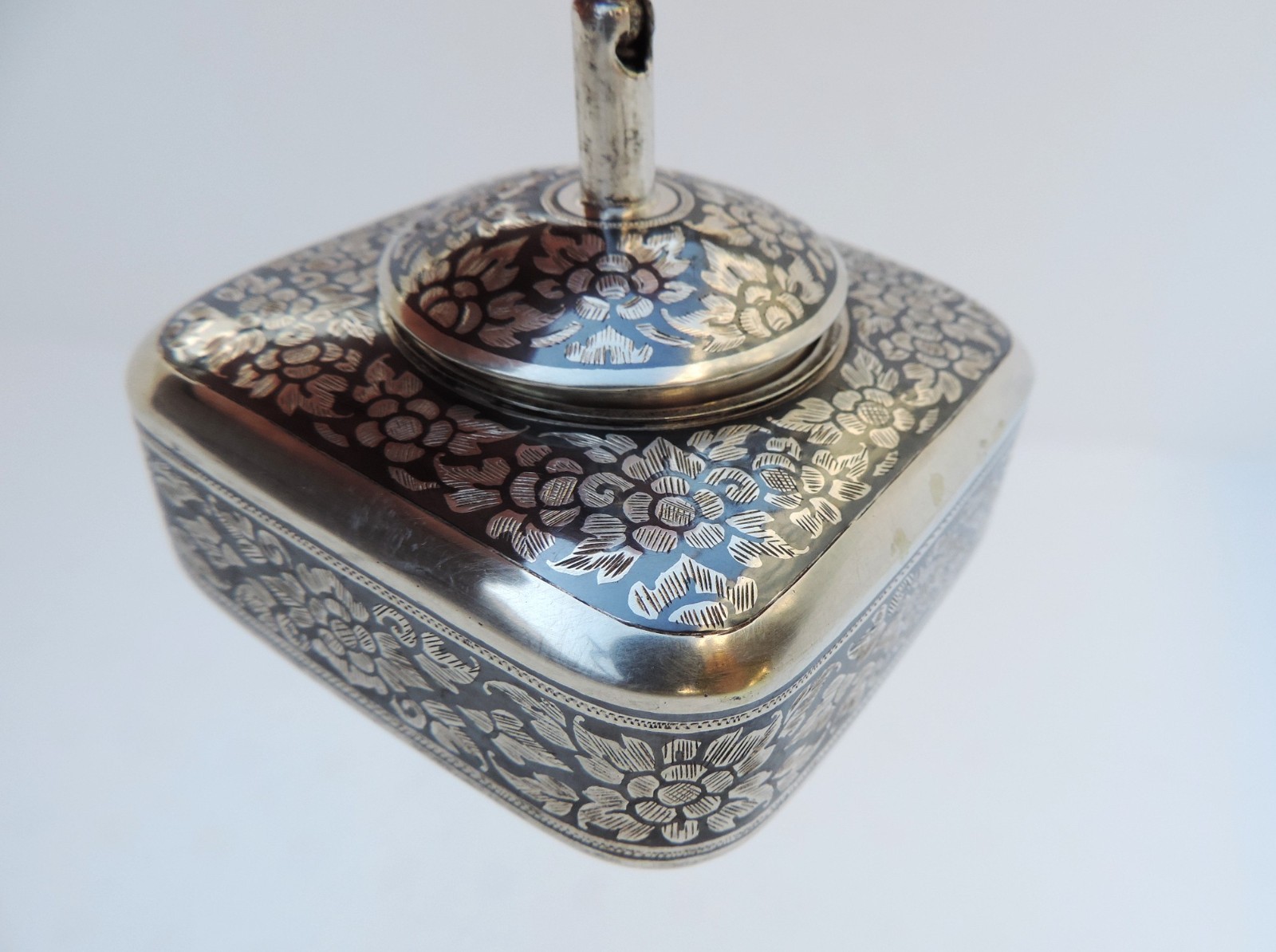 Thai Nakon Siam Sterling Silver Niello Pen Pencil Holder box Desktop Stand 205g