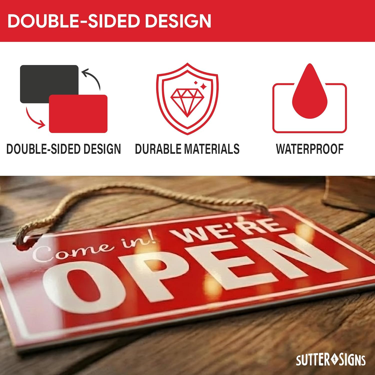 Open Closed Sign for Business, 10" X 6" Double Sided Plastic Sign with Twine, Su