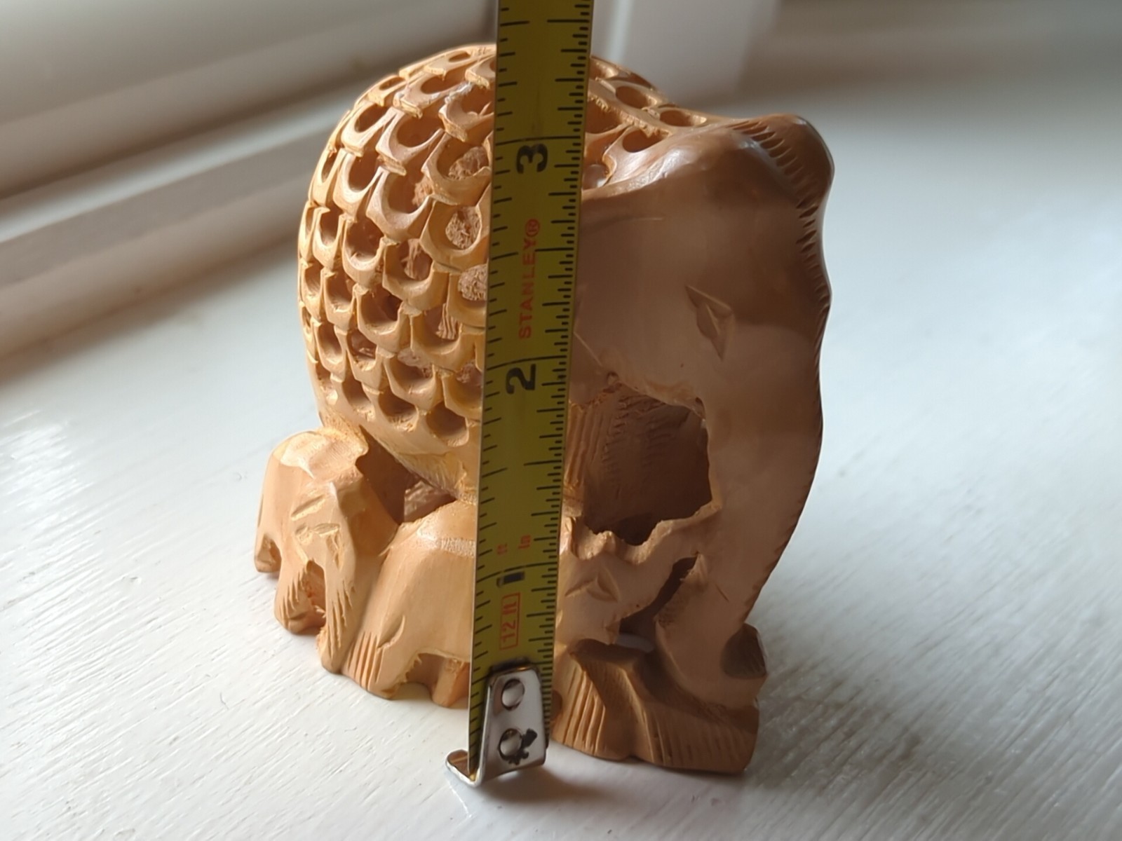 Hand Carved Wooden Elephant Family w/Baby Inside Figurine 3" Tall Intricate