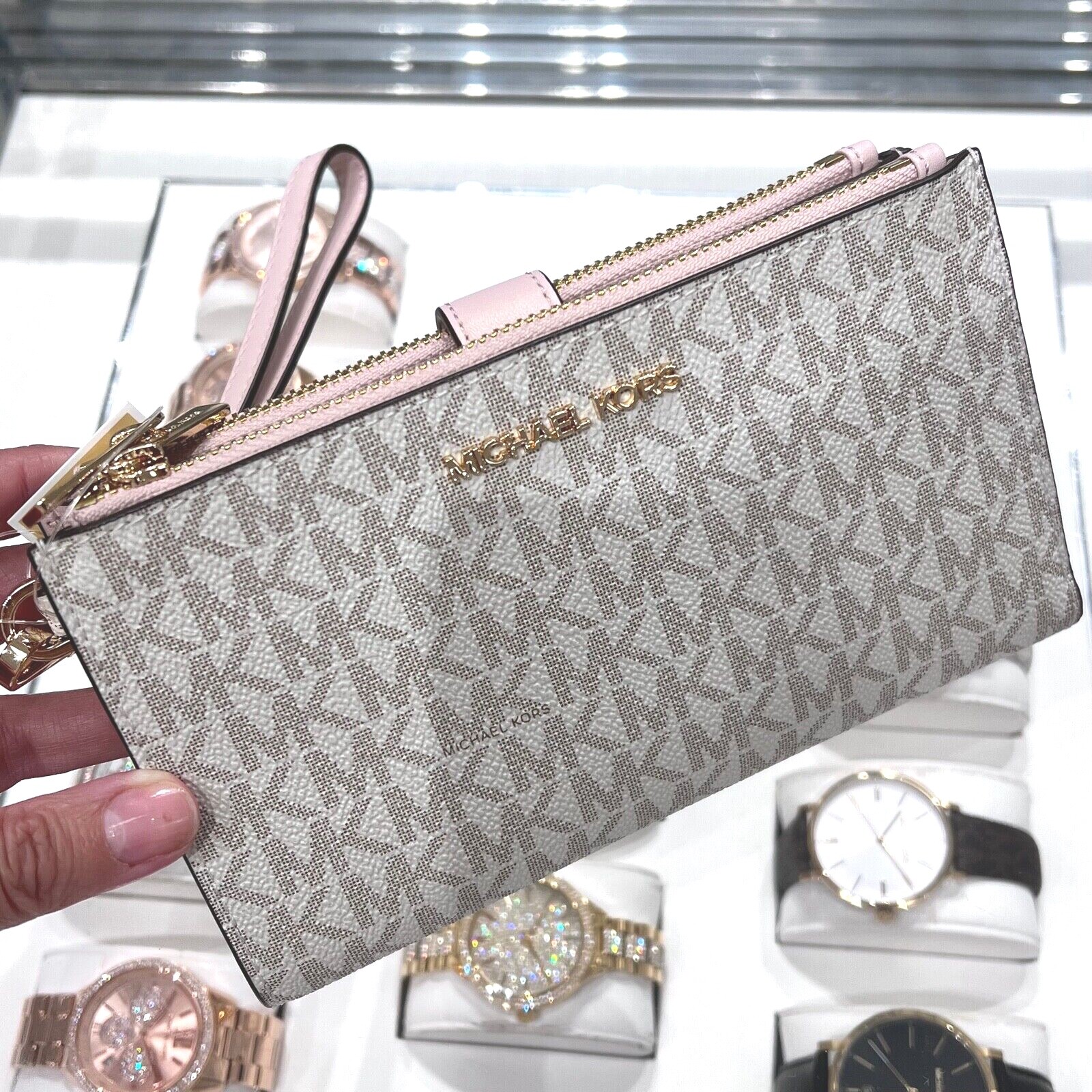 Michael Kors Jet Set Travel Double Zip Wristlet Wallet Vanilla Pink Powder Blush