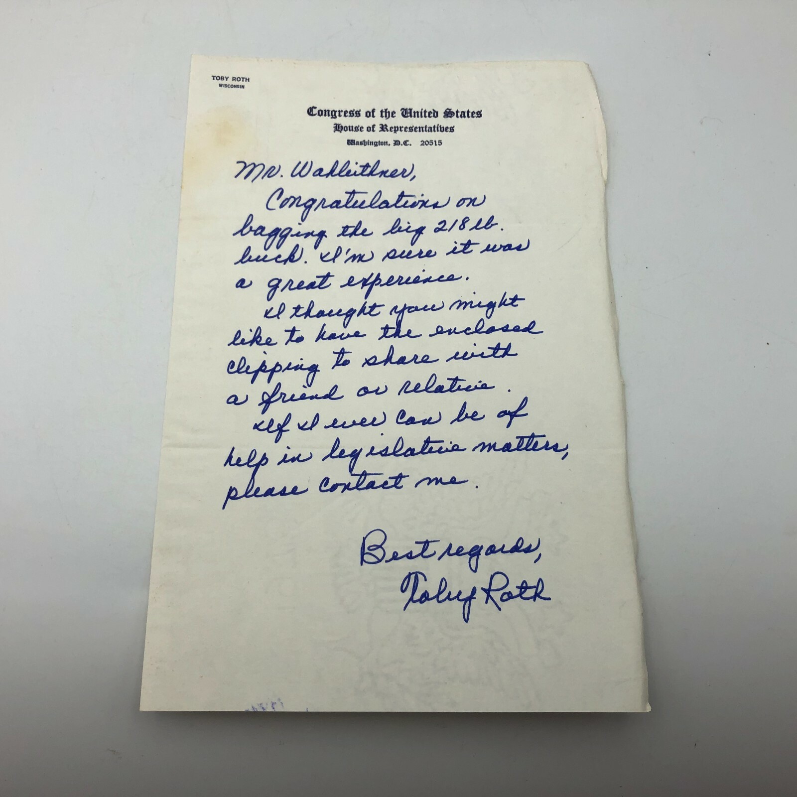 Vtg U.S. Congress Letterhead Toby Roth Representative WI Hand Written Letter Q1