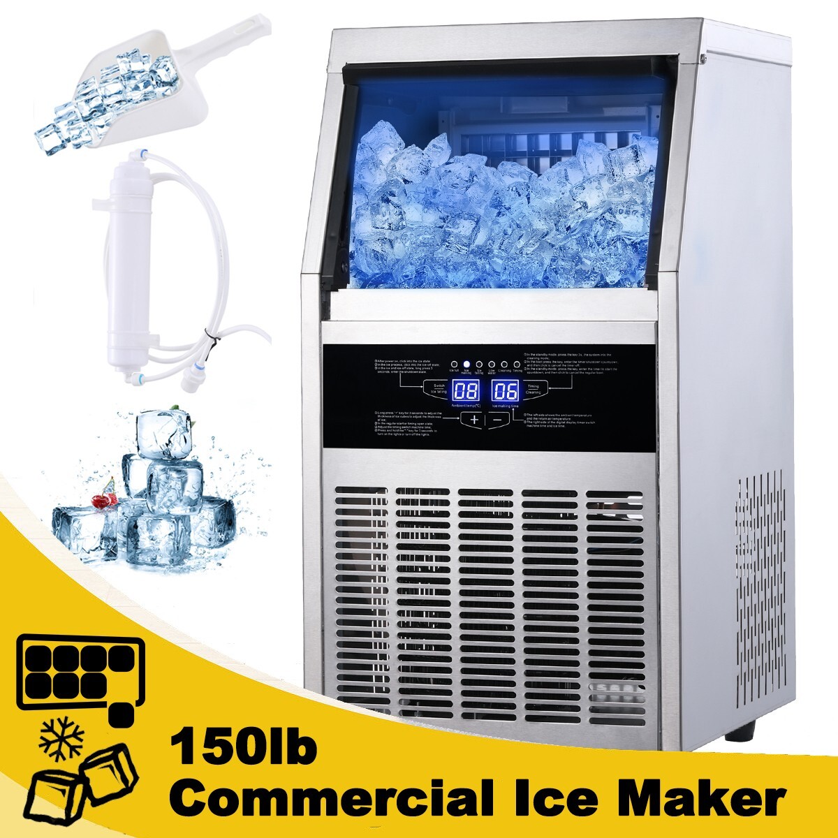 Commercial Ice Maker 150lbs Stainless Steel Built-in Cube Machine Bar Restaurant