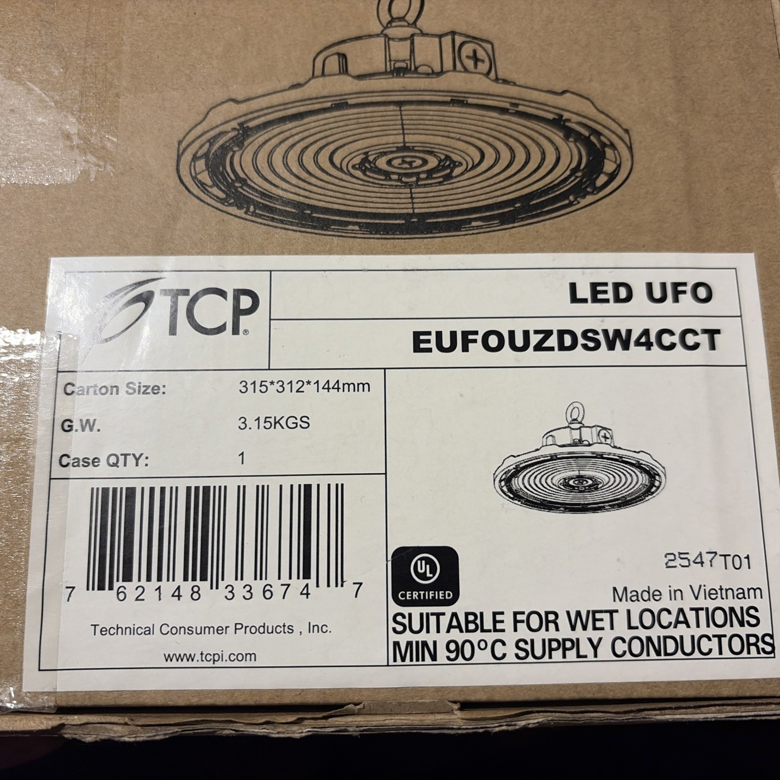 UFO LED High Bay Light Dimmable Selectable Wattage CCT NEW TCP EUFOUZDSW4CCT