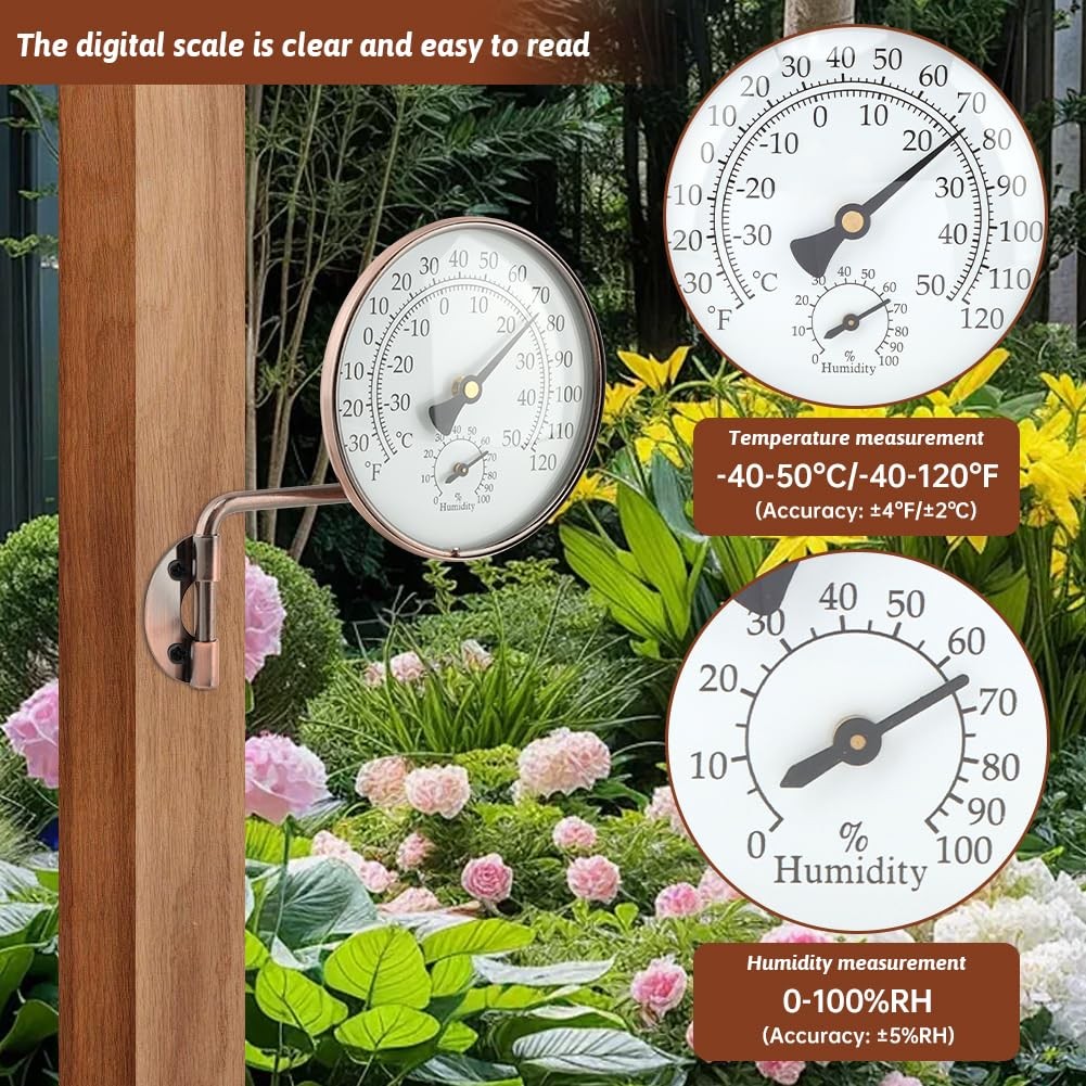 4" Brass Outdoor Thermometer, Outside Decorative Weather Thermometer Hygrometer,