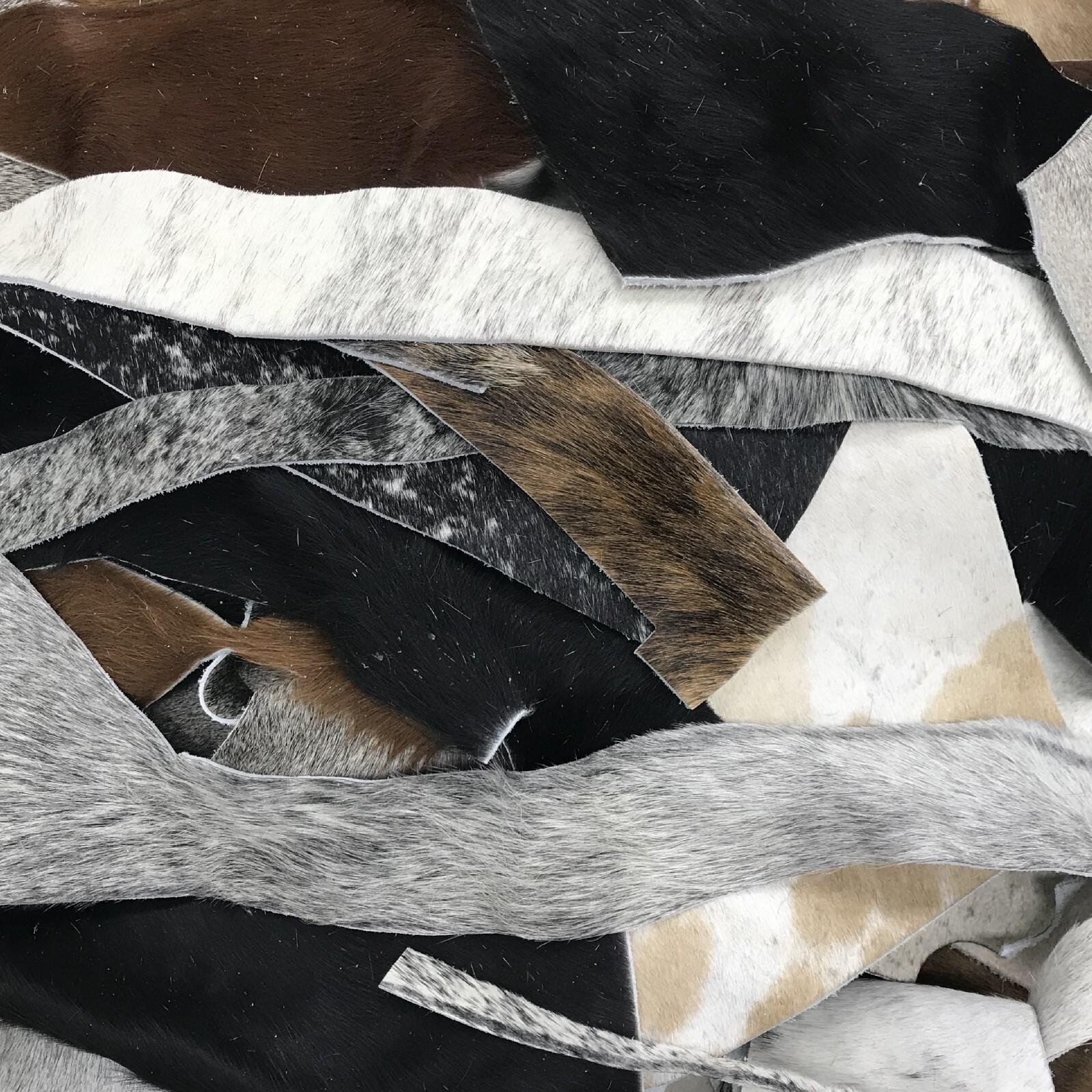 Cowhide Scrap Hair-on Cowhide Remnants Crafts 1 pound Brown/Black/Off-White