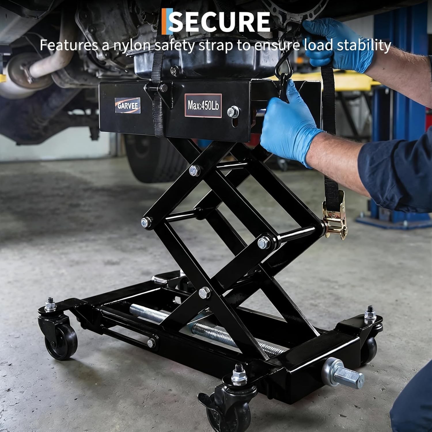 450 LBS Low Profile Transmission Jack Auto Repair Lift 7-23 Inch w/Safety Straps