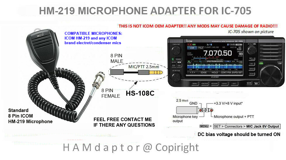 8-Pin Round ICOM HM-219 Microphone Adapter HS-108C for ICOM IC-705