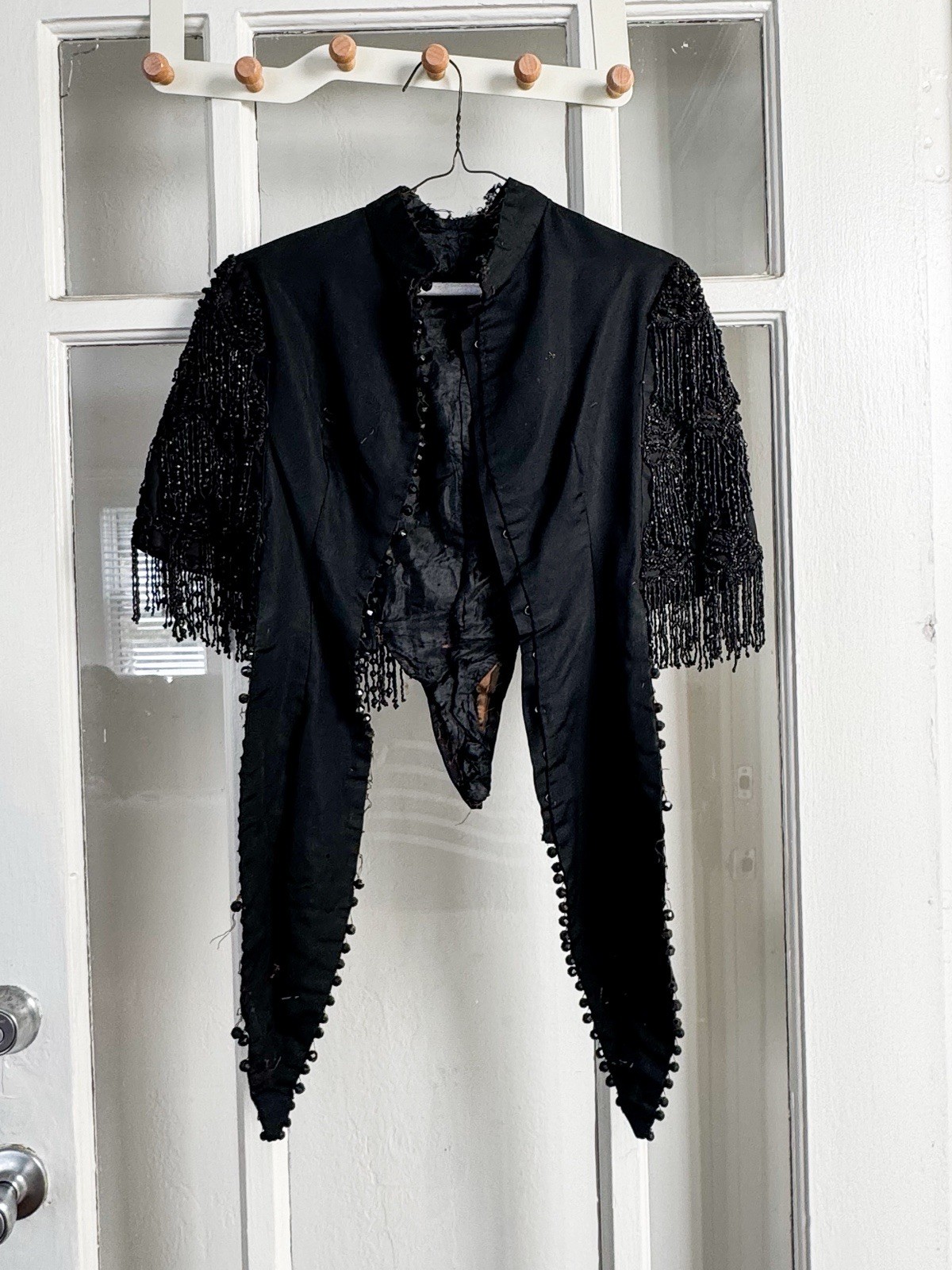 Antique Victorian Mourning Bodice Jacket with Jet Bead Fringe Late 19th Century