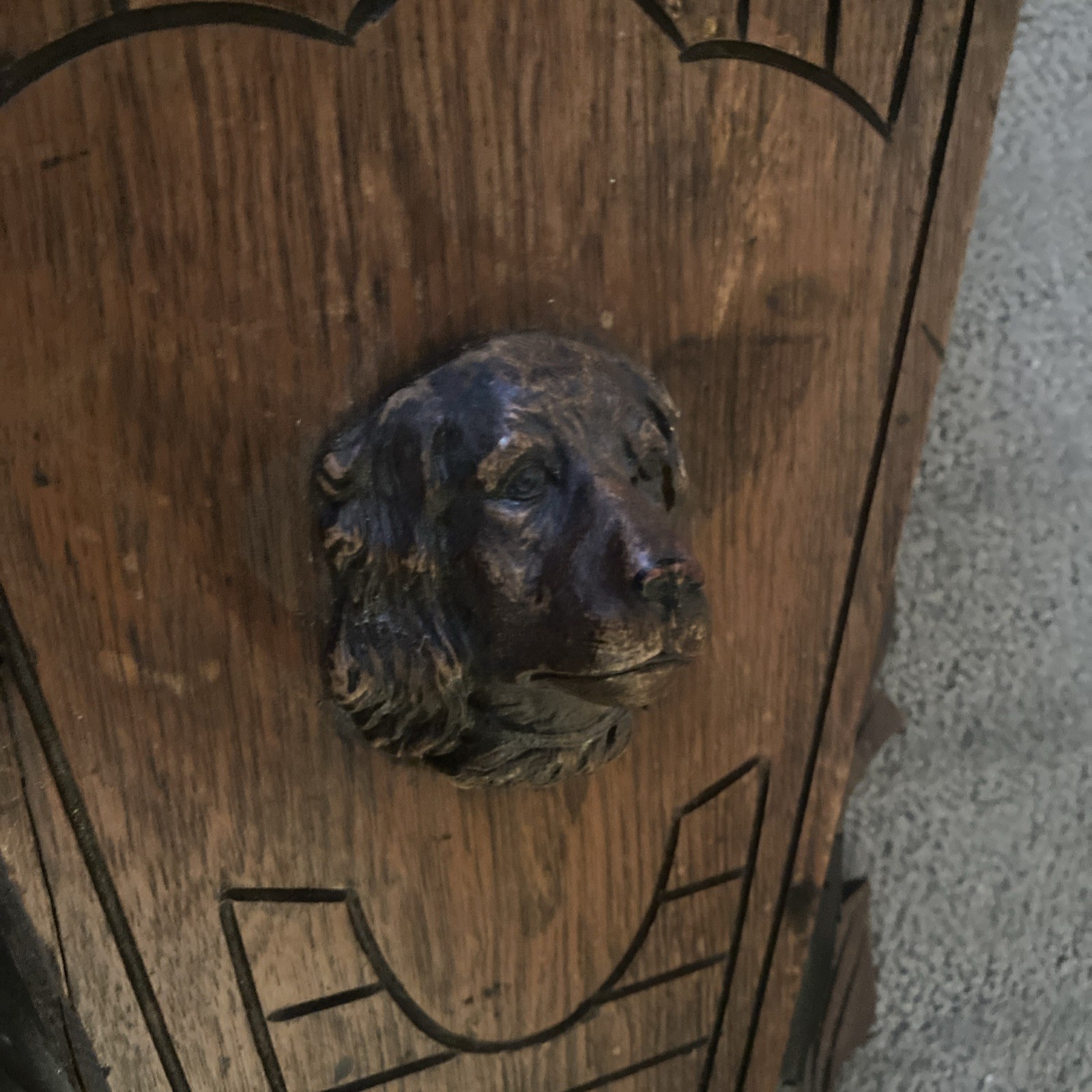 Antique Victorian Walnut Wall pocket Magazine Newspaper Rack Holder Spaniel Dog