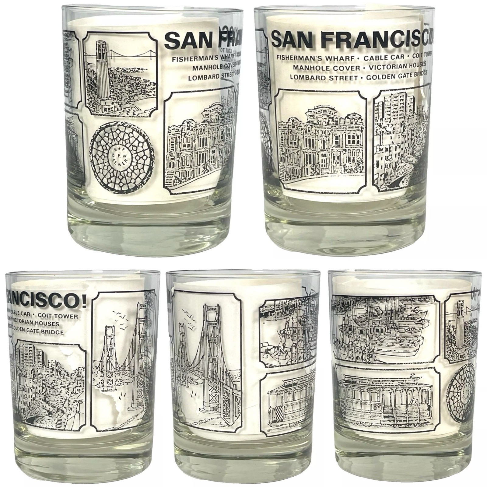 San Francisco Tourist Attractions 5 Vtg Cocktail Glass Lot 70s Coit Golden Gate