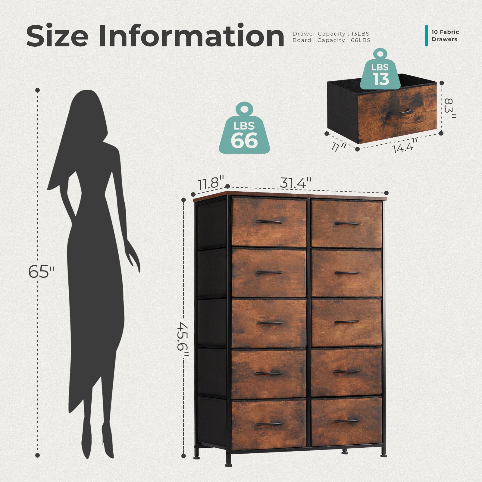 10 Fabric Drawer Dresser Storage Tall Chest Organizer Cabinet Unit Wood Top
