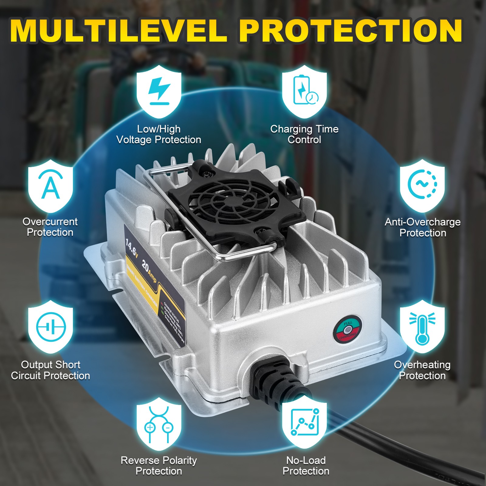 14.6V 20A AC-DC Battery Smart Charger for 12V Deep Cycle Lithium LiFePO4 Battery