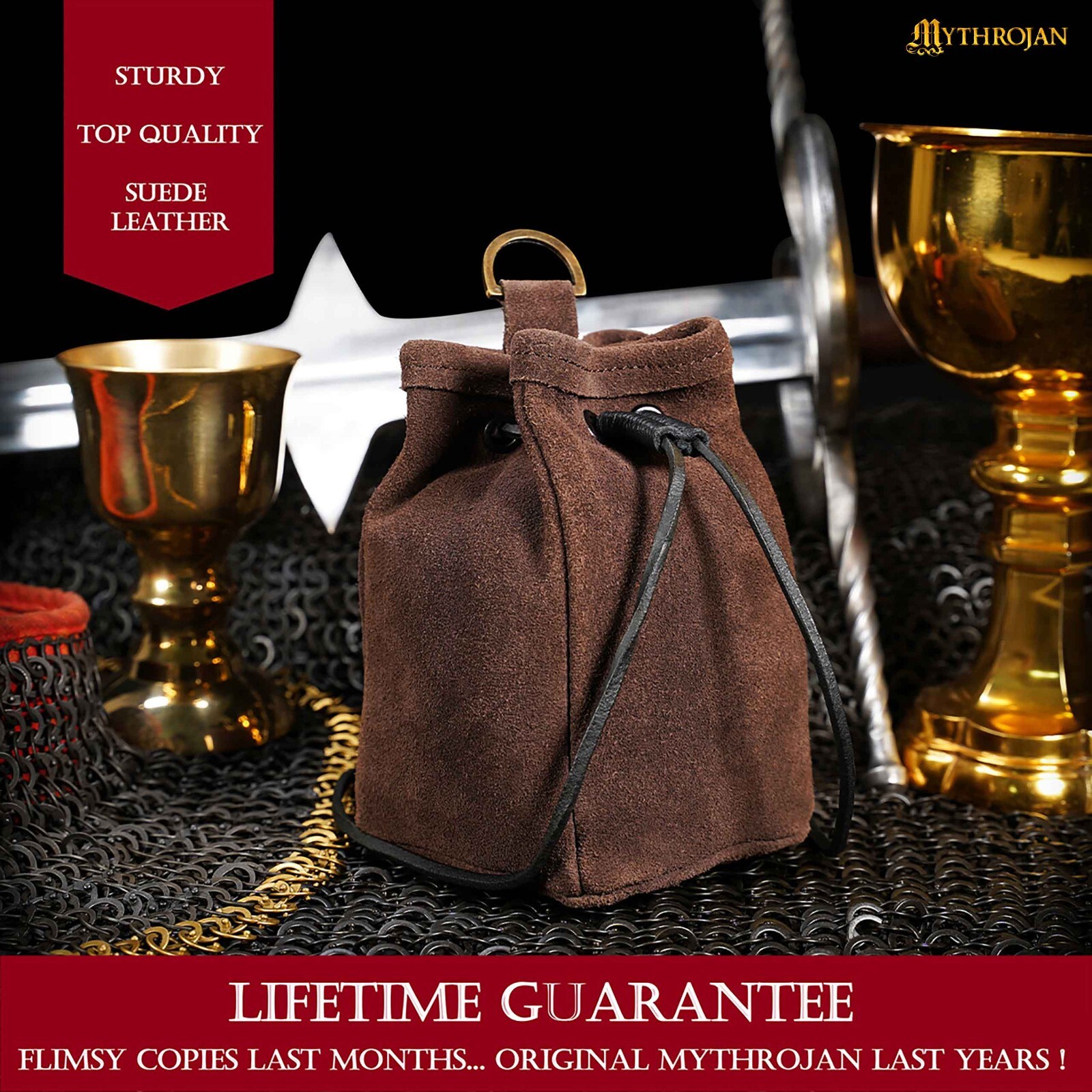 Medieval Leather Pouch Renaissance SCA Belt Bag Drawstring Closure Brown Suede