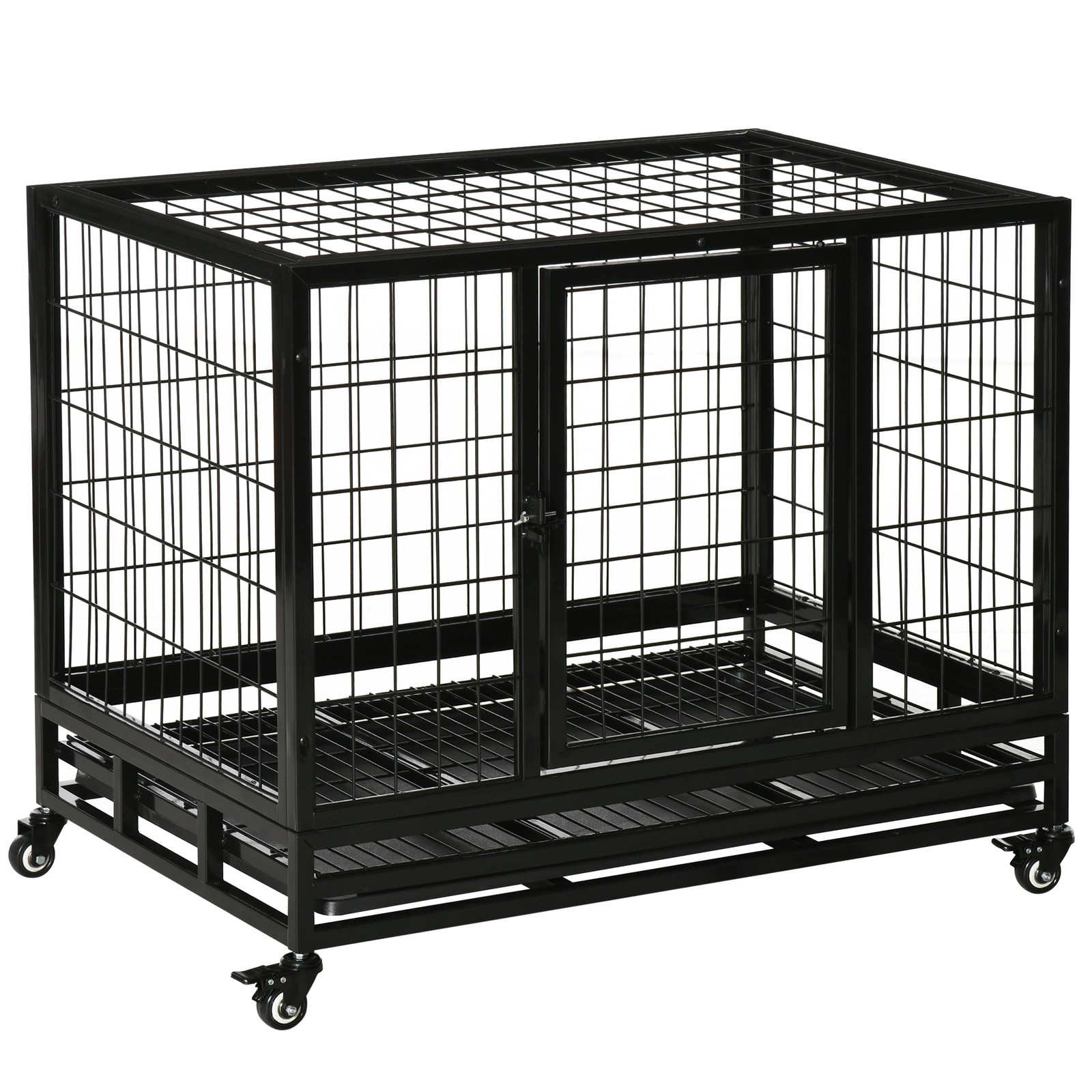 36" Heavy Duty Dog Crate with Tray Lockable Wheels Double Door Medium Large Dogs
