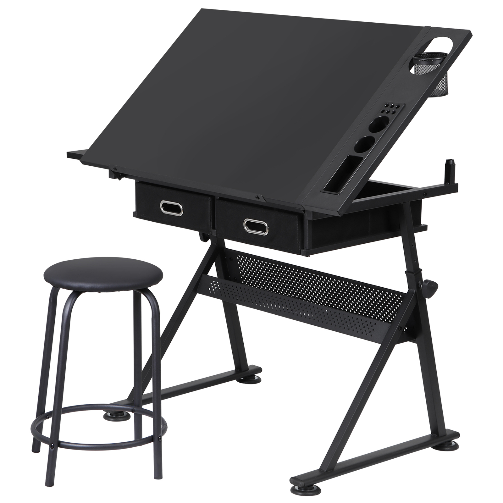 Drafting Table Drawing Desk Art Craft Workstation Adjustable with Stool Black