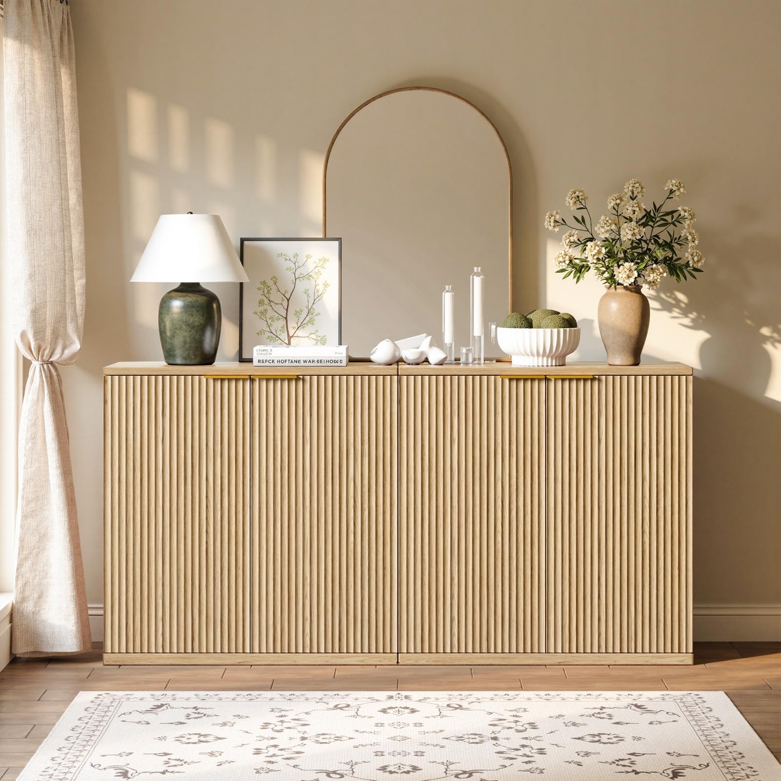 63" Oak Buffet Cabinet with Storage Large Sideboard Cabinet