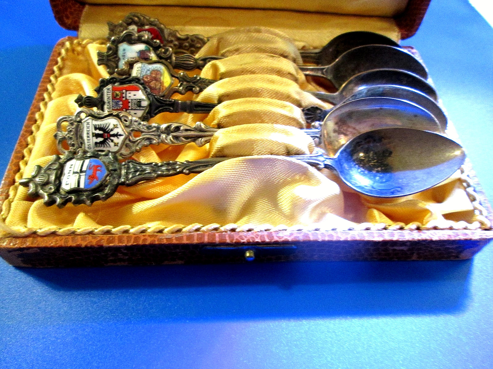 5 German & 1 Austrian Antique/Vintage Souvenir Spoons + Presentation case