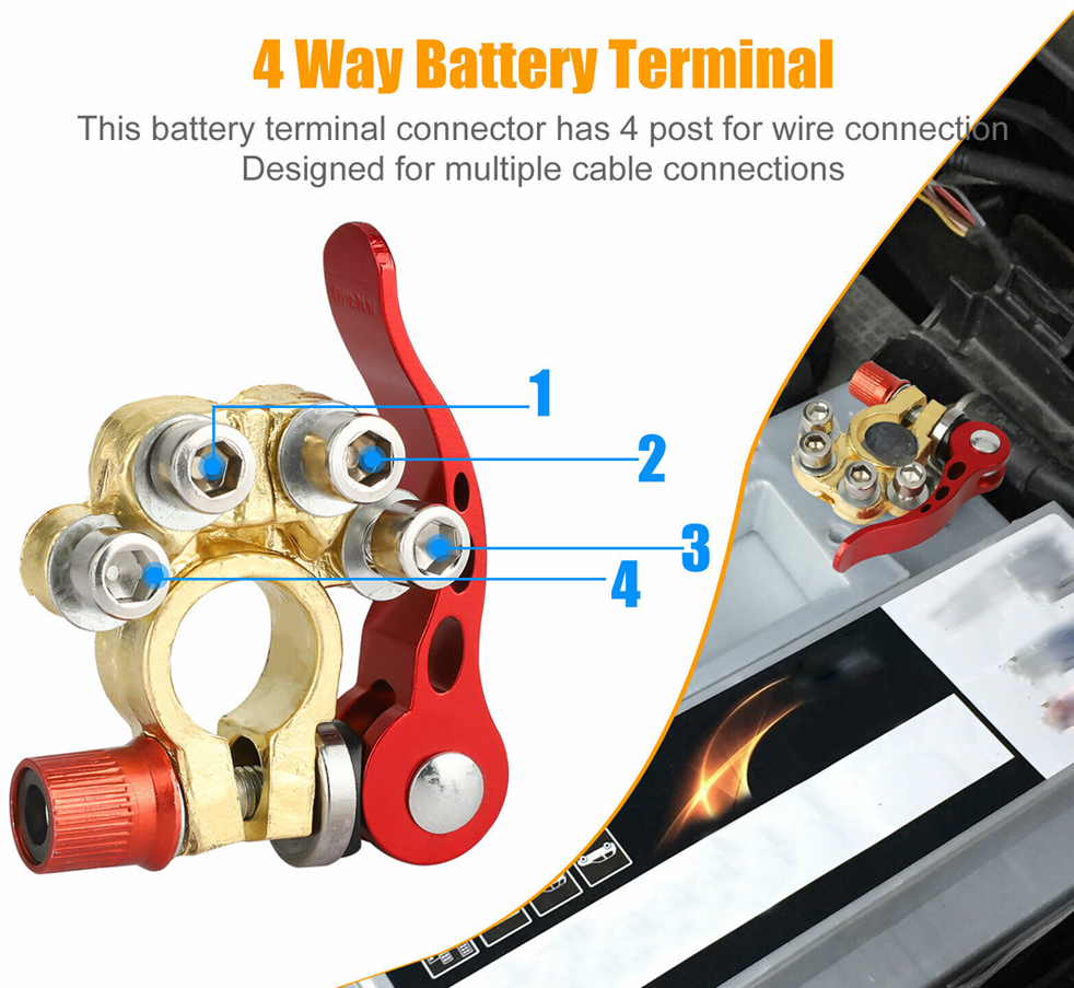 2x Positive&Negative Car Top Post Battery Terminals Wire Cable Clamp Connectors