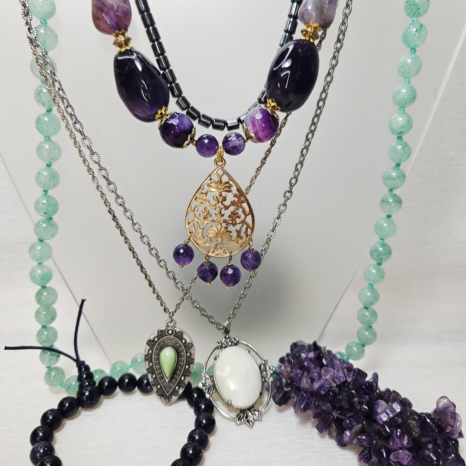 5 Gemstone Necklaces 2 Bracelets Amethyst Adventurine Hematite Blue Goldstone